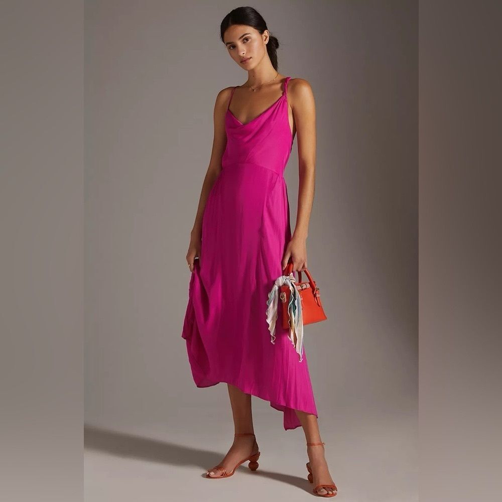 Anthropologie Maeve Bright Fuchsia Asymmetrical Satin Slip Dress Size 8